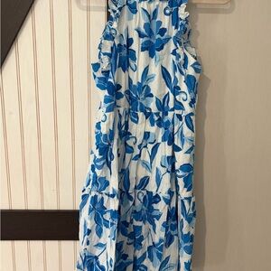 Clover And Sloane Womens Blue White Floral Sleeveless Round Neck A-Line Dress M